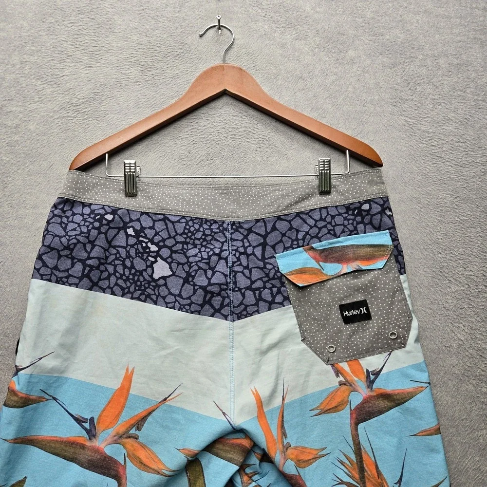 Hurley Men Shorts 34 Blue Swimwear Floral Birds Of Paradise Board